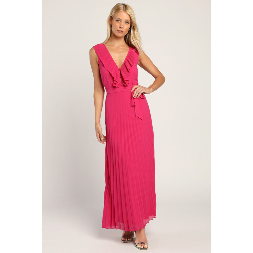 Lulus Loved By You Hot Pink Pleated Chiffon Maxi Dress - Size M